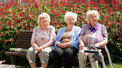 Drei ältere Damen sitzen auf einer Bank